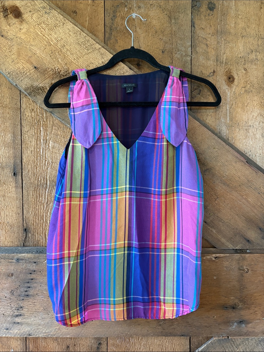 Ann Taylor Multicolor Plaid Tie-Shoulder Camisole - Purple & Pink